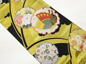 引箔蝶に花々・雪輪模様織出し袋帯